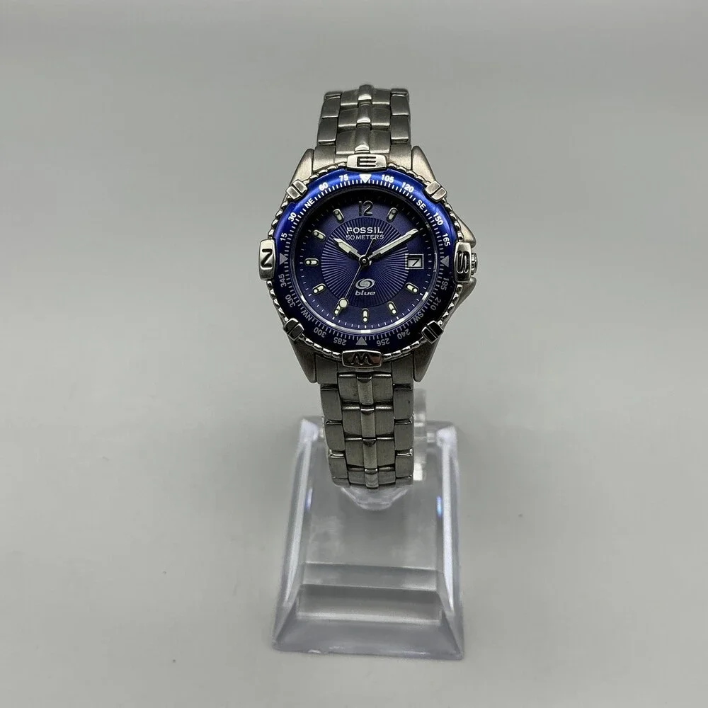 Fossil Blue AM-3104 Womens Watch 29mm Blue Dial Stainless Date New Battery 6.5